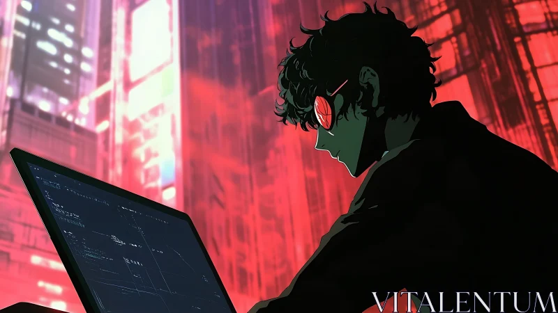 Night coder in neon city glow finds quiet digital focus.