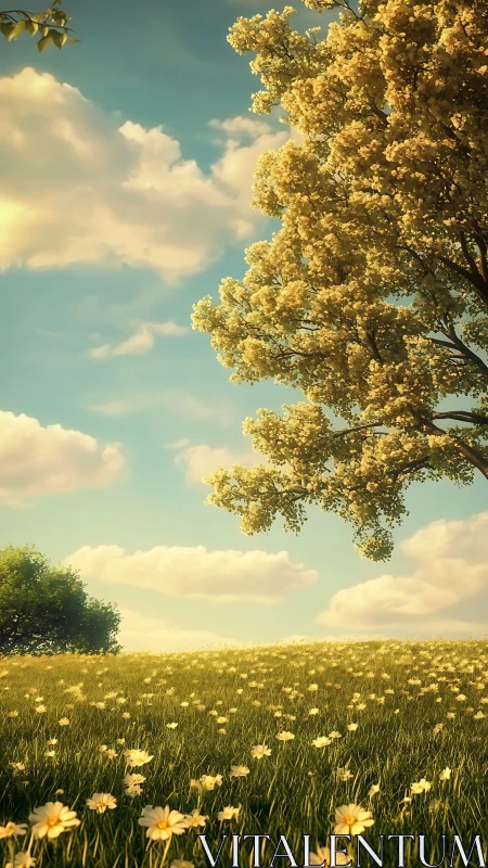 Sunlit wildflower meadow and blooming tree rendered in soft focus