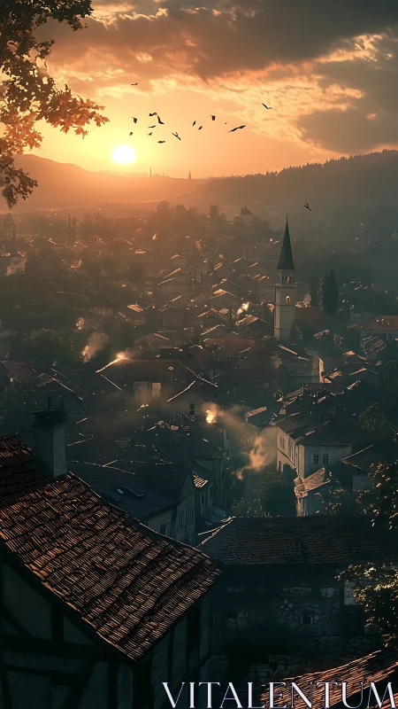 Sunset over tiled-roof village with church tower and hills.