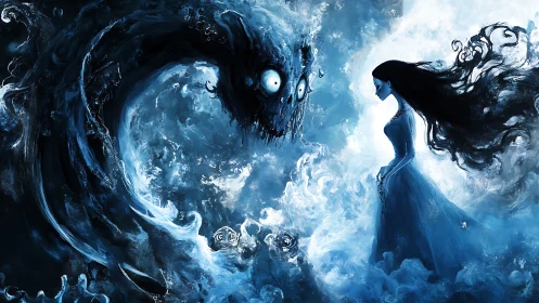 Ethereal confrontation in monochrome blue fantasy tableau.