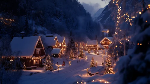 Snowy alpine village glowing with winter holiday lights.