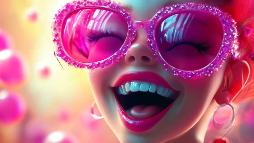 Neon giggle queen in crystal-pink party sunglasses.