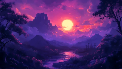 Dreamlit valley under a glowing violet twilight sun.