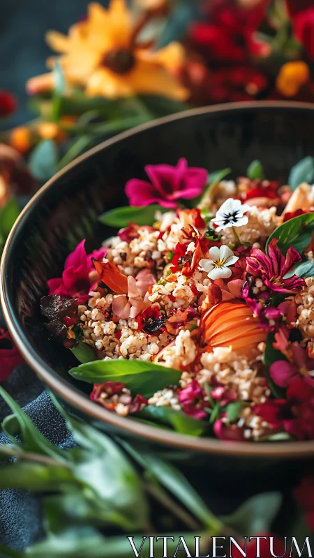 Garden confetti grain bowl crowned with edible blossoms.