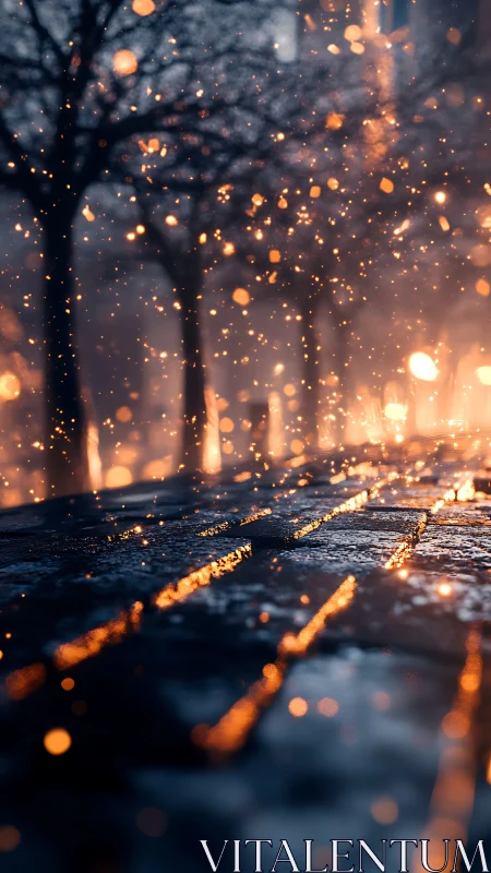 Wet cobblestone pavement with glowing particle effects at dusk.