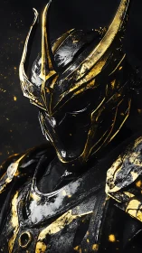 Gilded obsidian knight in burning embers of darkness.