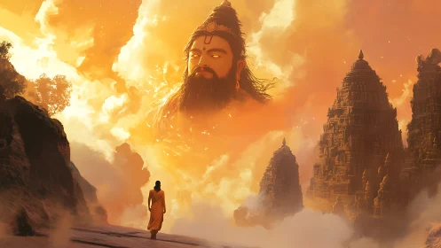 Monk walks toward celestial deity above luminous temple spires