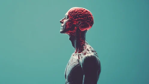 Human anatomical profile with exposed brain in teal space.