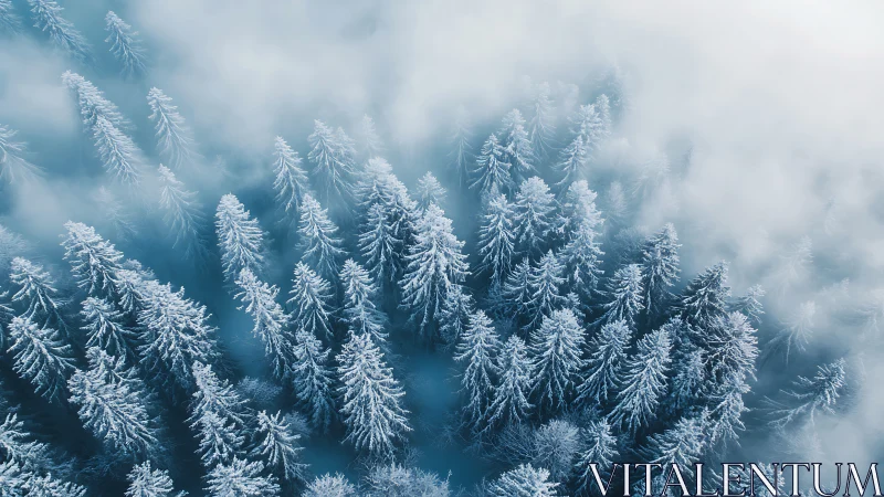 Snow-covered pine forest in winter fog, aerial landscape view.