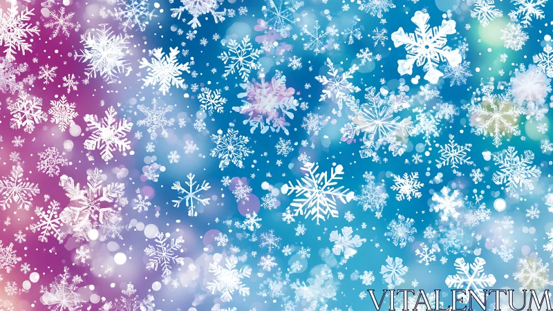 Snowflake patterns sparkle on colorful winter gradient background.