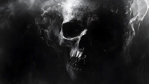 Smoky monochrome skull emerging from dark void.