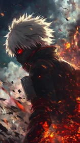 Masked white-haired warrior emerges through eruptive embers