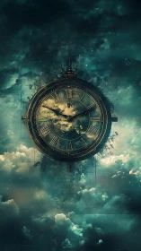 Ethereal celestial clock floats in stormy teal heavens.