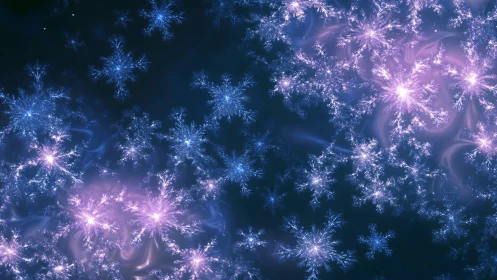 Fractal snowflake field with blue and violet light clusters.