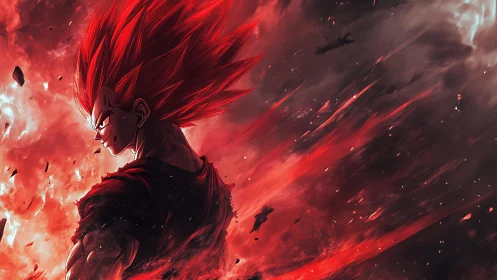 Fiery anime warrior channels explosive red cosmic power
