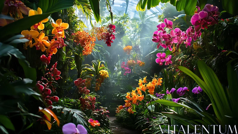 Lush orchid conservatory with radiant backlit foliage blooms.