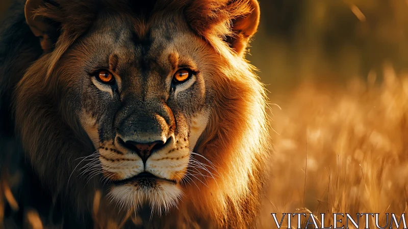 Majestic lion strides through golden savanna light at dusk