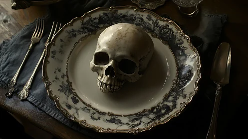 Human skull arranged on ornate dinner plate centerpiece.