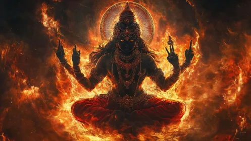 Radiant fire deity sits in blazing meditative stillness