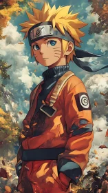 Blond ninja youth in orange jumpsuit amid swirling autumn sky.