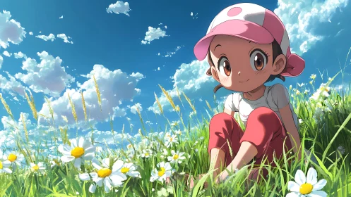 Sunlit meadow daydream with wide-eyed cap wearing child.