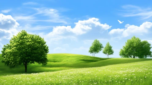 Sunlit green hills with solitary trees under vivid sky.