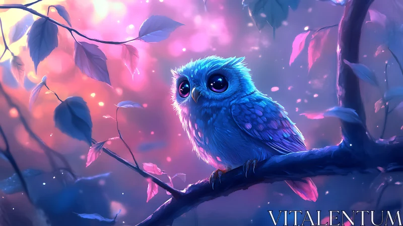 Enchanted baby owl on branch in dreamy pastel fantasy art.