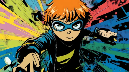 Young masked hero charges through vivid comic energy burst.
