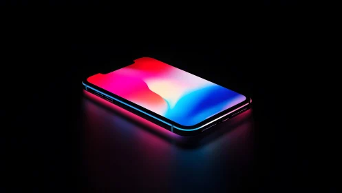 Modern smartphone with glowing colorful screen in dark minimalist style.