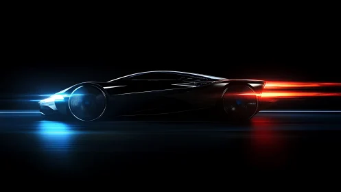 Futuristic sports car profile with blue and red light trails.
