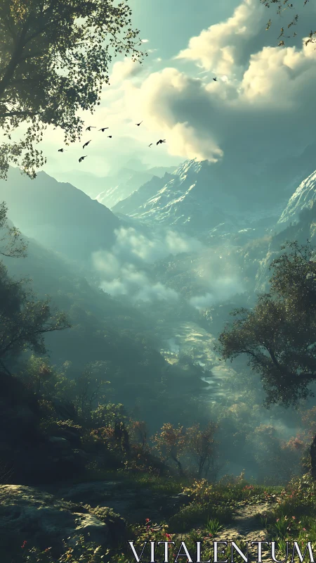 Mountain mist pours through a sunlit valley of waking green