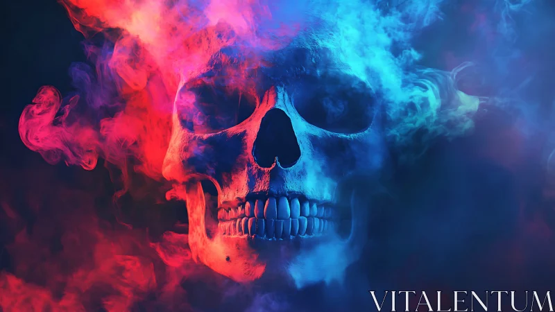 Neon smoke skull drifting through electric twilight gloom.