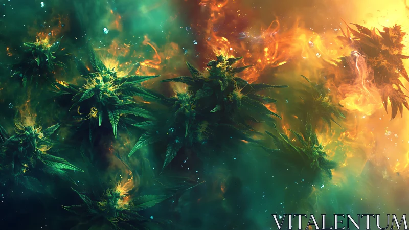 Luminous cannabis nebula glows within teal and amber haze.