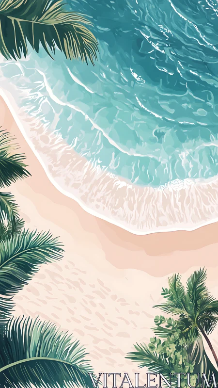Serene Coastal Paradise with Palm Trees and Turquoise Waves.