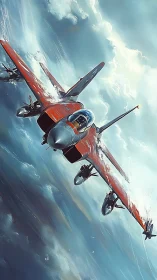 Supersonic red fighter jet rendered in dynamic aerial perspective