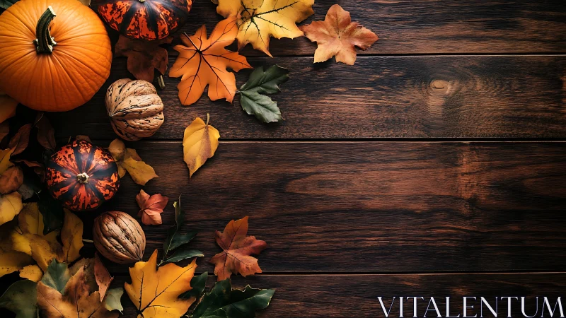 Autumn pumpkins, nuts and leaves on dark wooden surface.
