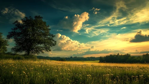 Golden meadow sighs beneath a storm-kissed evening sky.