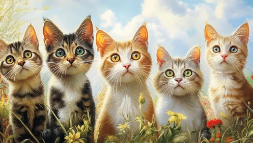 Five Curious Cats Among Wildflowers.