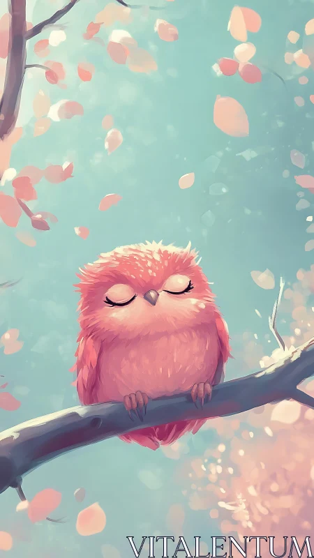 Pink stylized owl rests on branch amid falling leaves