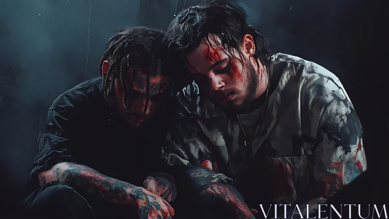 Two tattooed men sitting close in dark, somber setting.