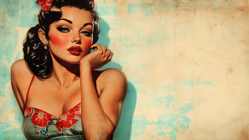Retro pinup portrait against distressed aqua wall background.