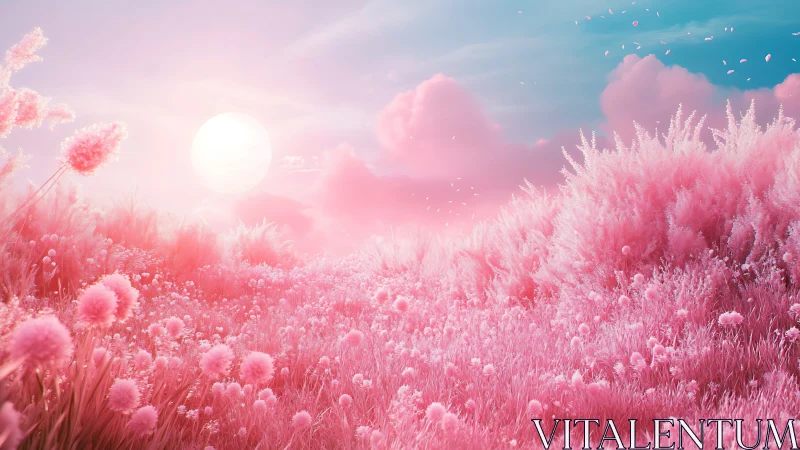 Digital landscape depicts pink grassland under low sun