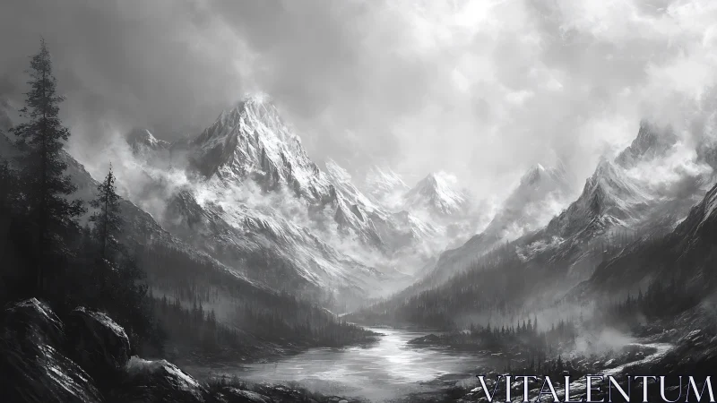 Monochrome alpine range surrounds misted glacial valley river.