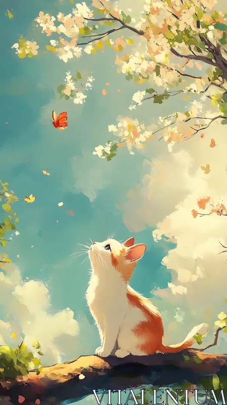 Springlit kitten observing butterfly amid blooming branches.