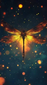 Luminous dragonfly suspended in glowing cosmic bokeh field.