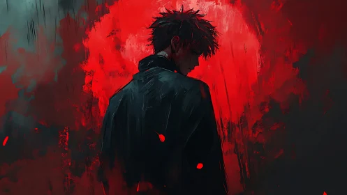 Solitary figure in dark coat against intense red field.