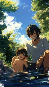 Sunlit river laughter between father and child in summer calm.