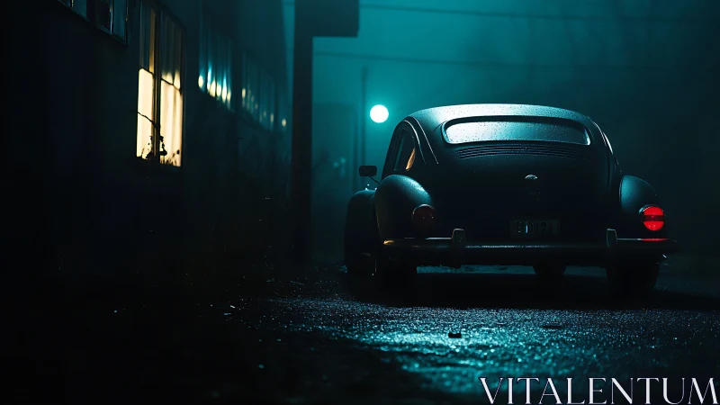 Nocturnal wet street scene isolates vintage car in cinematic rim light