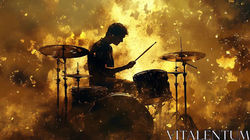 Silhouetted drummer immersed in fiery abstract golden haze