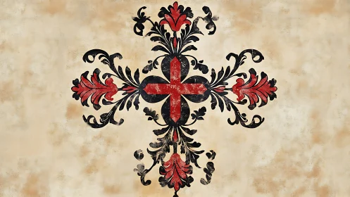 Decorative red cross with ornate black floral scrolls.